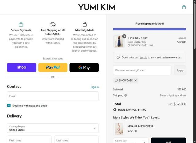 Yumi Kim checkout page showing Yumi Kim promo code box | Screenshot taken by SimplyCodes community member on Sep 11, 2025