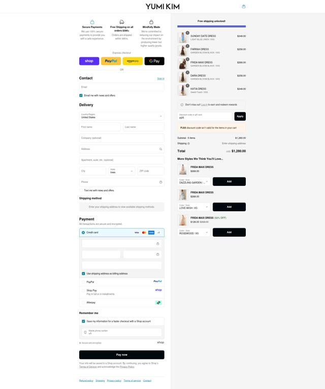 Yumi Kim checkout page showing Yumi Kim promo code box | Screenshot taken by SimplyCodes community member on Sep 11, 2025