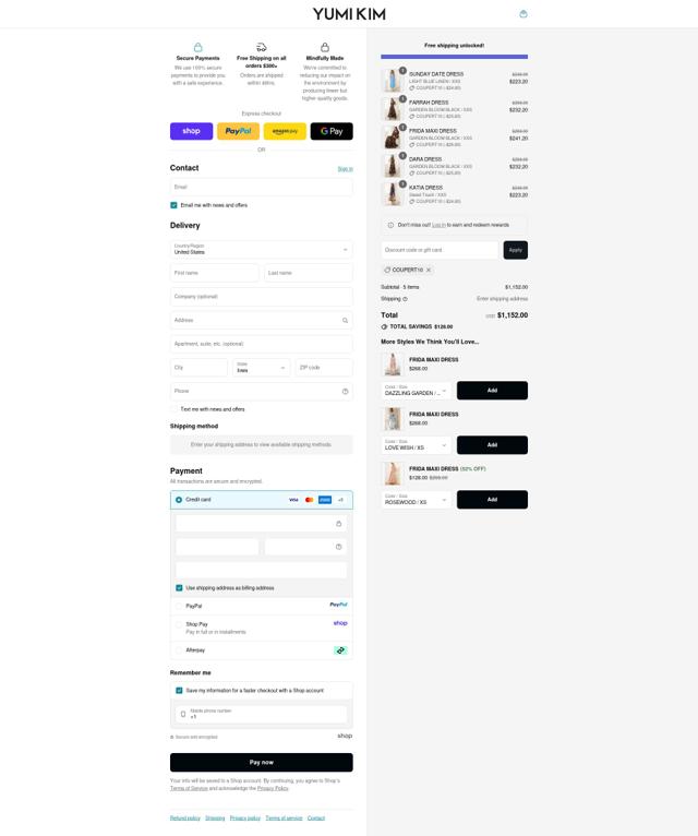 Yumi Kim checkout page showing Yumi Kim promo code box | Screenshot taken by SimplyCodes community member on Sep 11, 2025