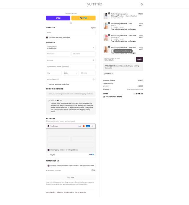 Yummie checkout page showing Yummie promo code box | Screenshot taken by SimplyCodes community member on Sep 9, 2025
