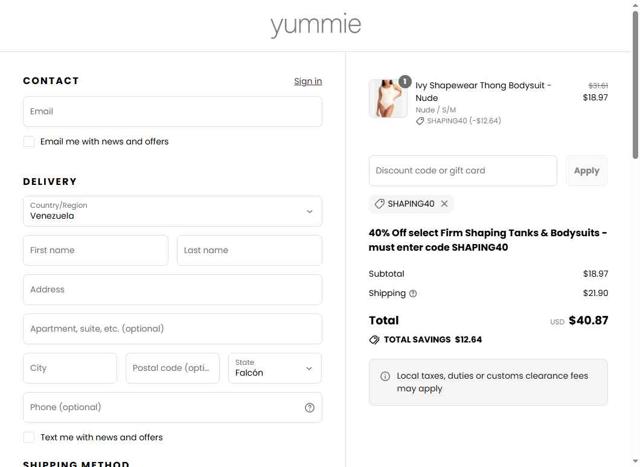 Yummie checkout page showing Yummie promo code box | Screenshot taken by SimplyCodes community member on Sep 10, 2025