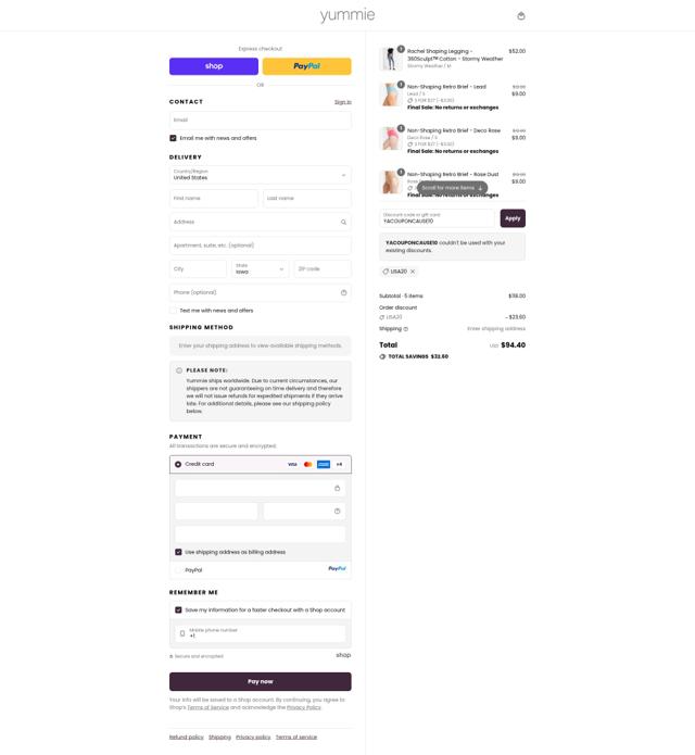 Yummie checkout page showing Yummie promo code box | Screenshot taken by SimplyCodes community member on Sep 9, 2025