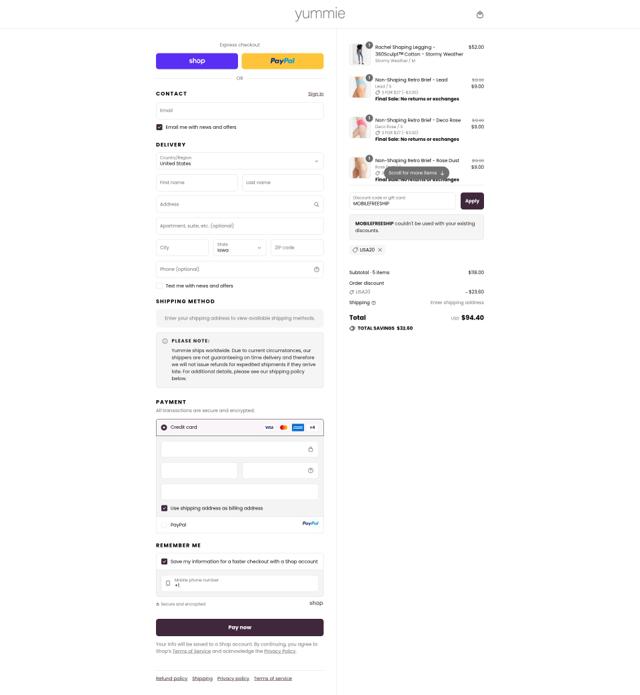 Yummie checkout page showing Yummie promo code box | Screenshot taken by SimplyCodes community member on Sep 9, 2025
