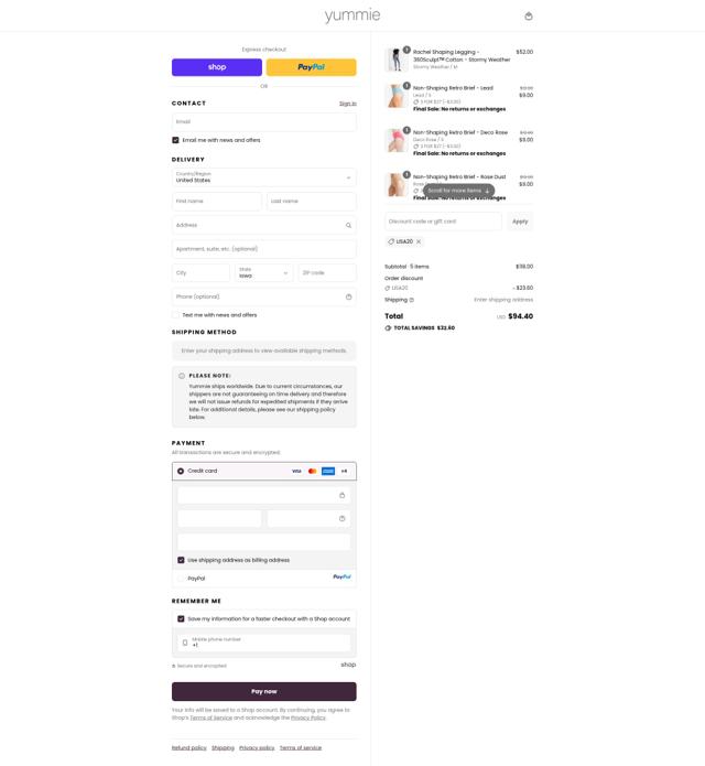 Yummie checkout page showing Yummie promo code box | Screenshot taken by SimplyCodes community member on Sep 9, 2025