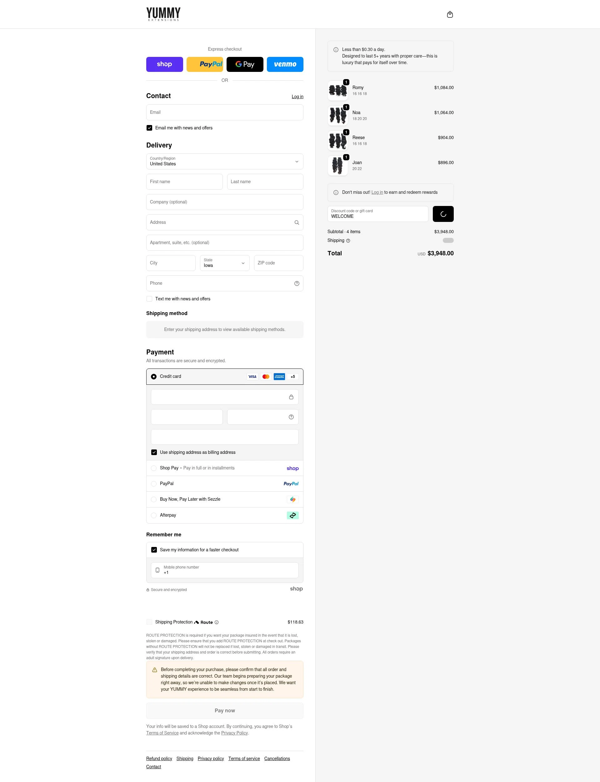 Yummy Hair Extensions checkout page showing Yummy Hair Extensions discount code box | Screenshot taken by SimplyCodes community member on Jan 30, 2026