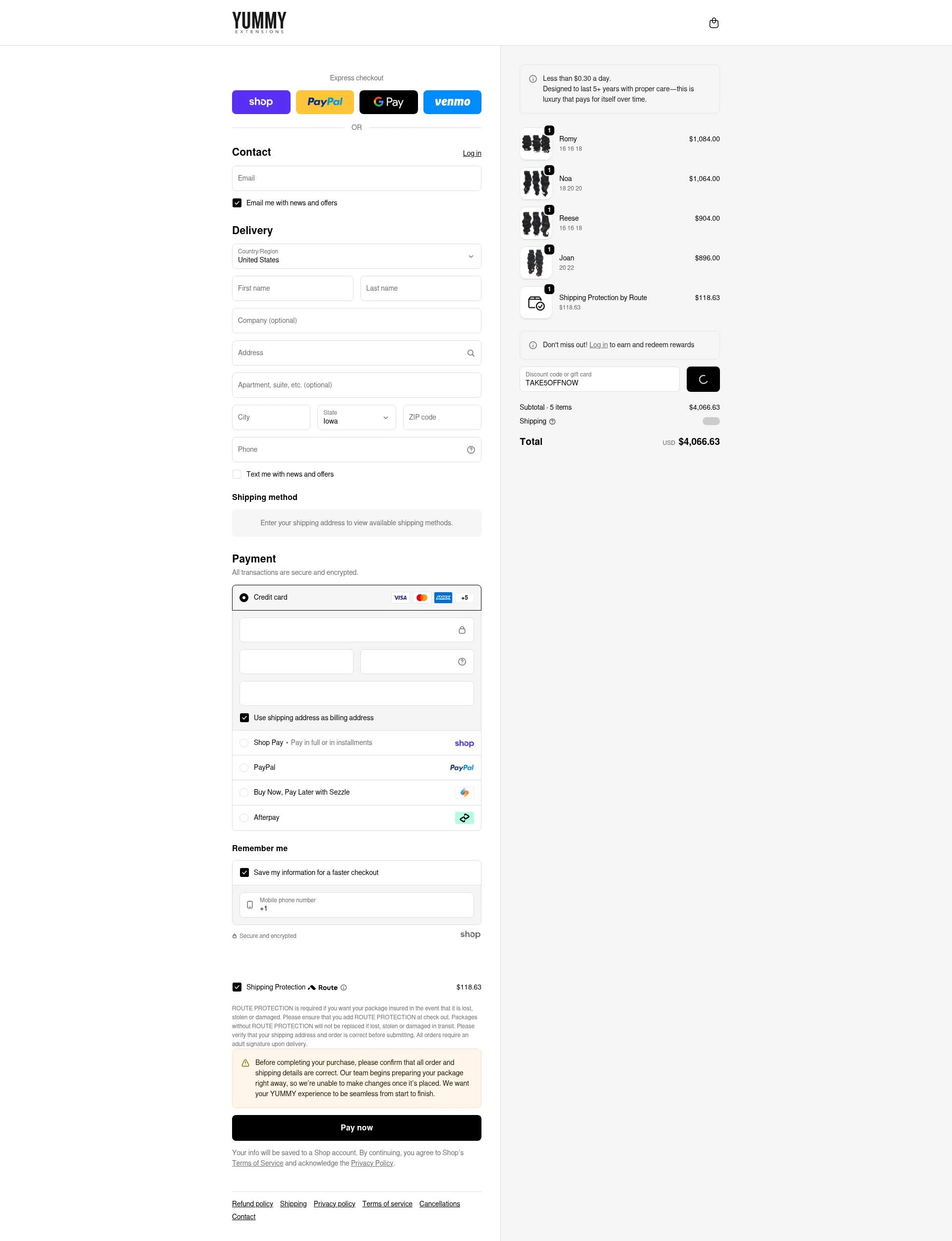 Yummy Hair Extensions checkout page showing Yummy Hair Extensions discount code box | Screenshot taken by SimplyCodes community member on Jan 30, 2026