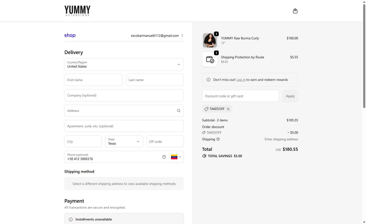 Yummy Hair Extensions checkout page showing Yummy Hair Extensions discount code box | Screenshot taken by SimplyCodes community member on Feb 10, 2026