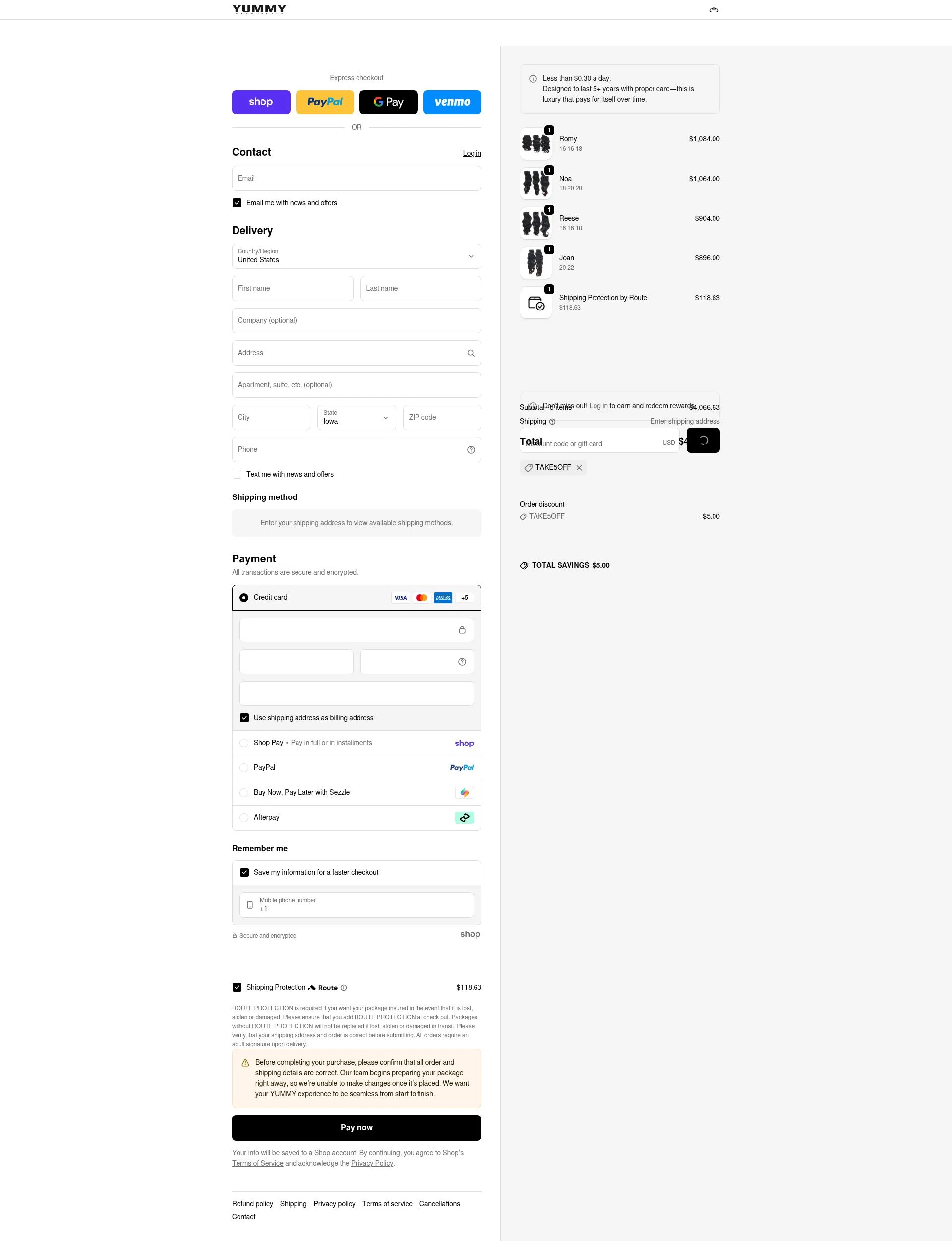 Yummy Hair Extensions checkout page showing Yummy Hair Extensions discount code box | Screenshot taken by SimplyCodes community member on Jan 30, 2026