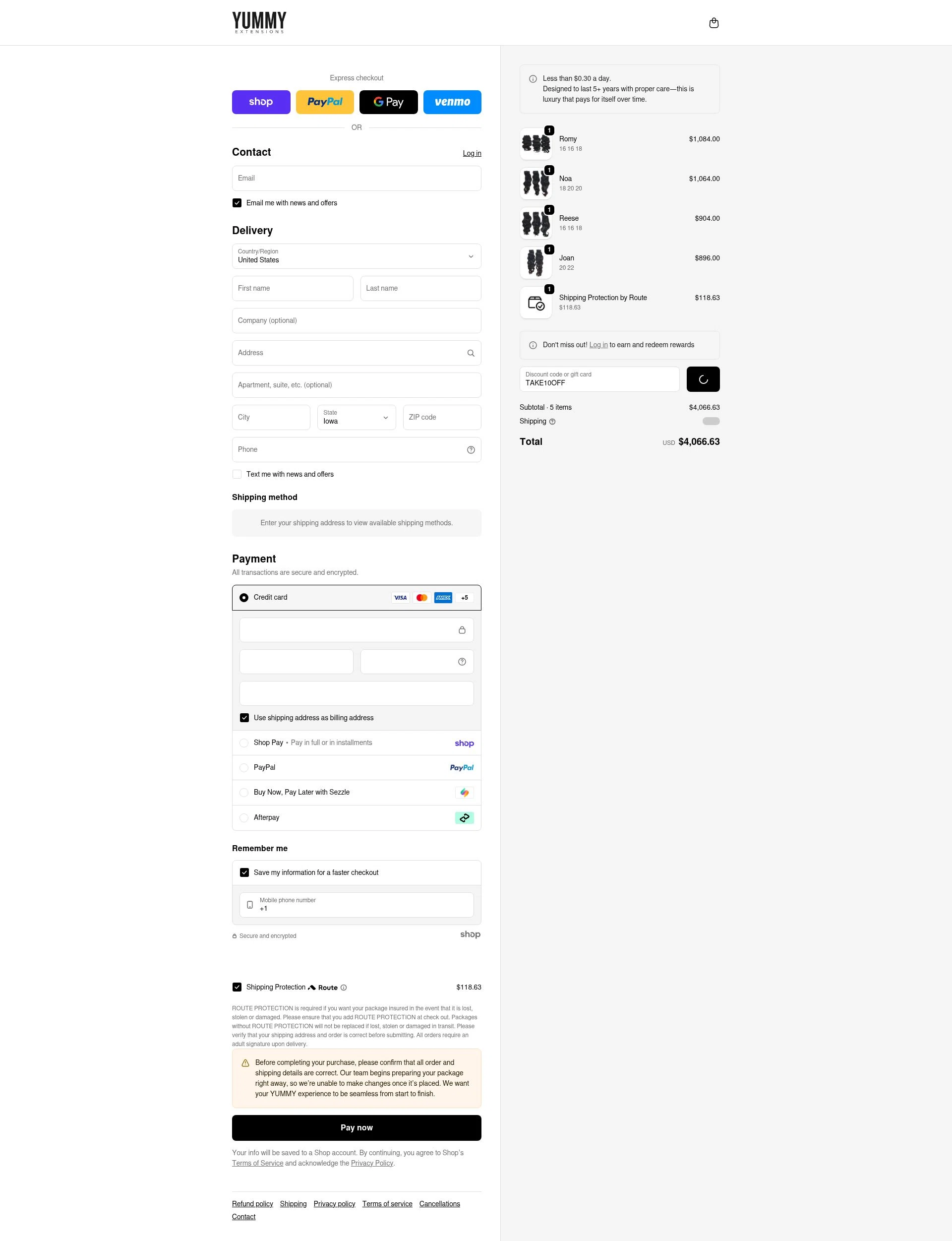 Yummy Hair Extensions checkout page showing Yummy Hair Extensions discount code box | Screenshot taken by SimplyCodes community member on Jan 30, 2026
