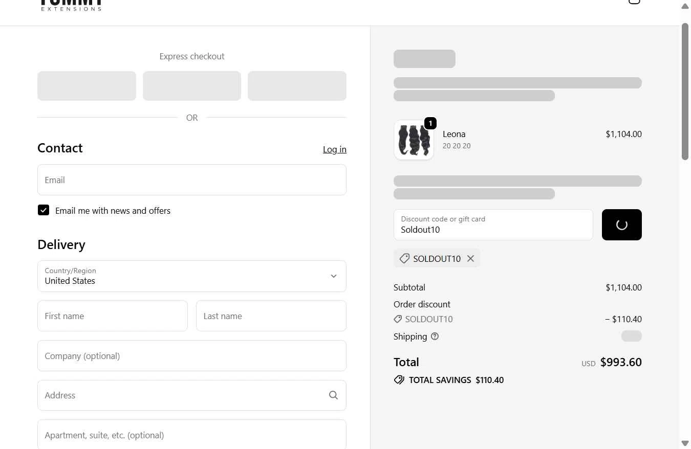 Yummy Hair Extensions checkout page showing Yummy Hair Extensions discount code box | Screenshot taken by SimplyCodes community member on Feb 10, 2026