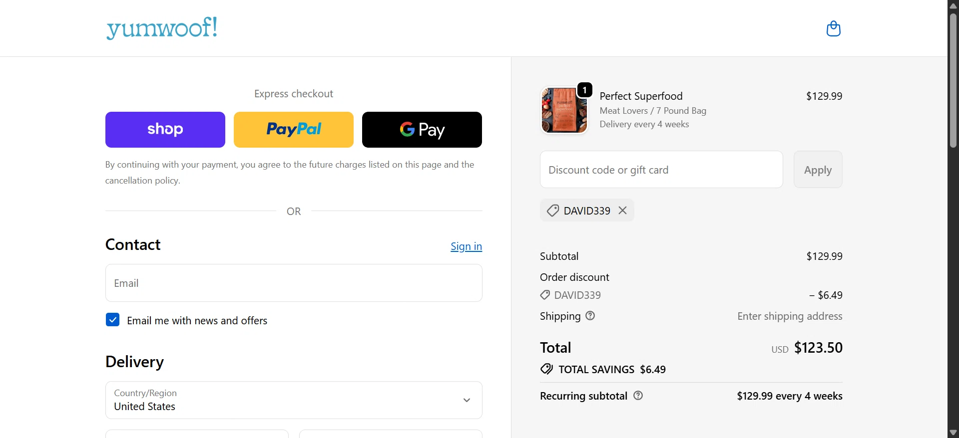 Yumwoof promo code screenshot showing code DAVID339 applied at Yumwoof checkout page. Uploaded by SimplyCodes community member RebatePilot4312 on Jun 8, 2026