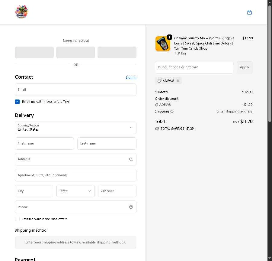 Yum Yum Candy Shop checkout page showing Yum Yum Candy Shop discount code box | Screenshot taken by SimplyCodes community member on Jan 8, 2026