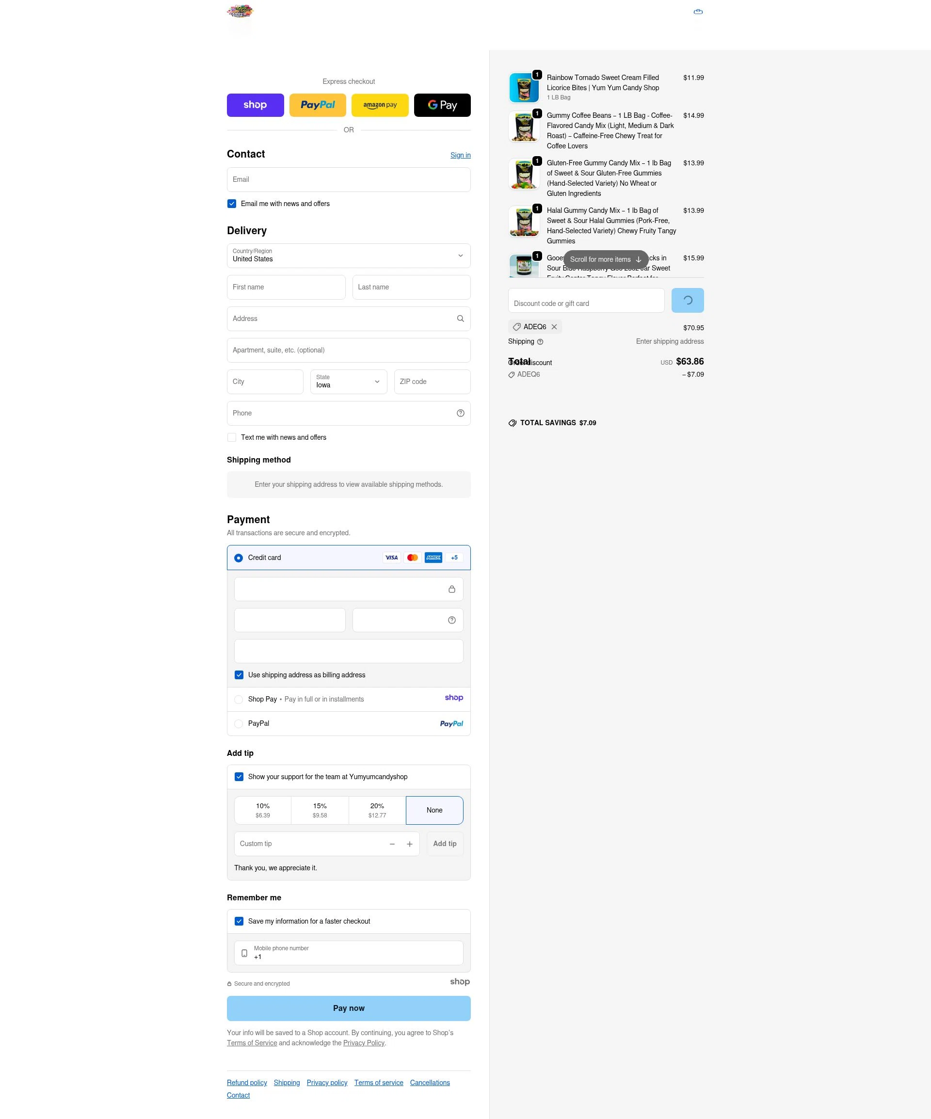 Yum Yum Candy Shop checkout page showing Yum Yum Candy Shop discount code box | Screenshot taken by SimplyCodes community member on Jan 8, 2026