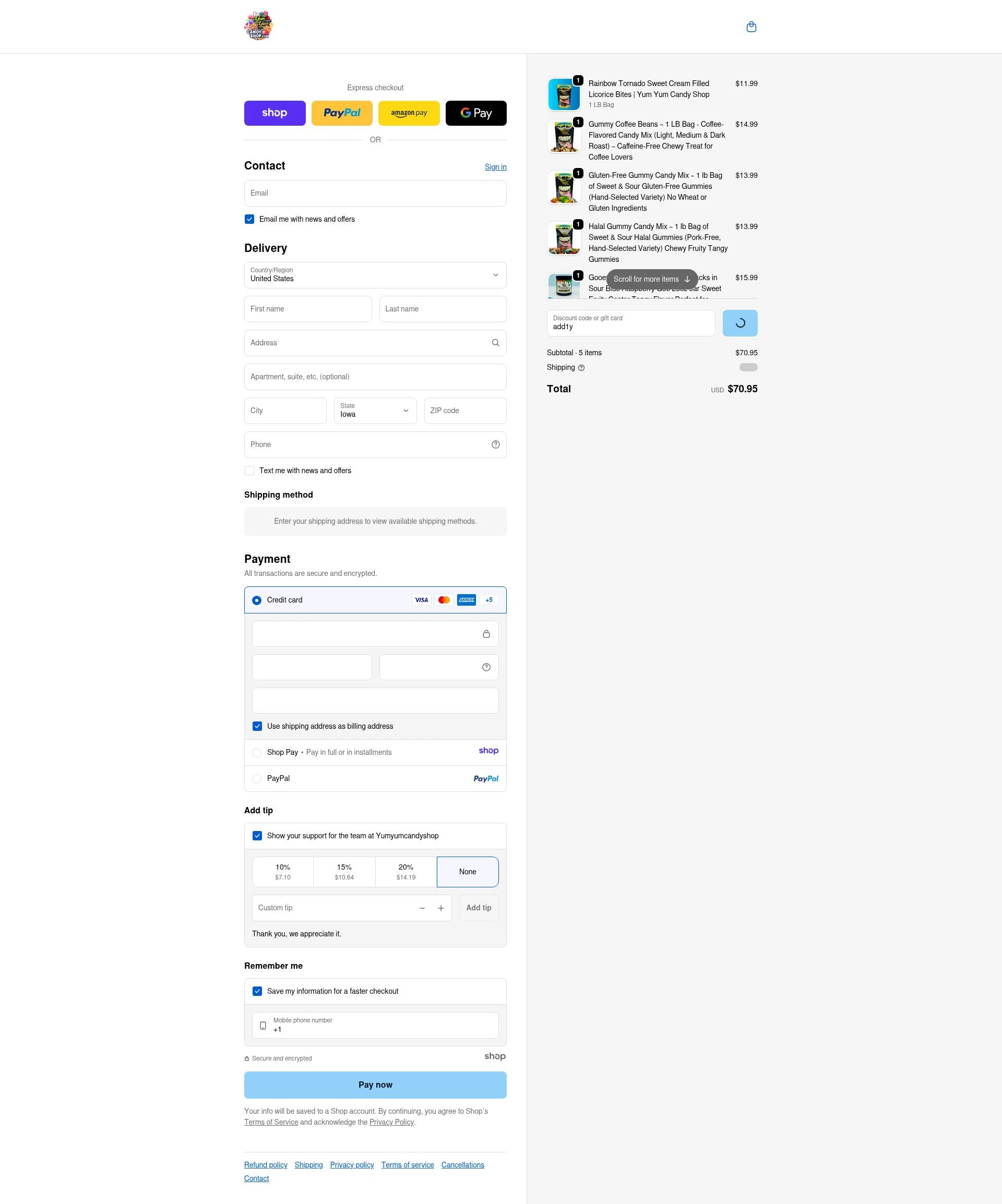Yum Yum Candy Shop checkout page showing Yum Yum Candy Shop discount code box | Screenshot taken by SimplyCodes community member on Jan 8, 2026
