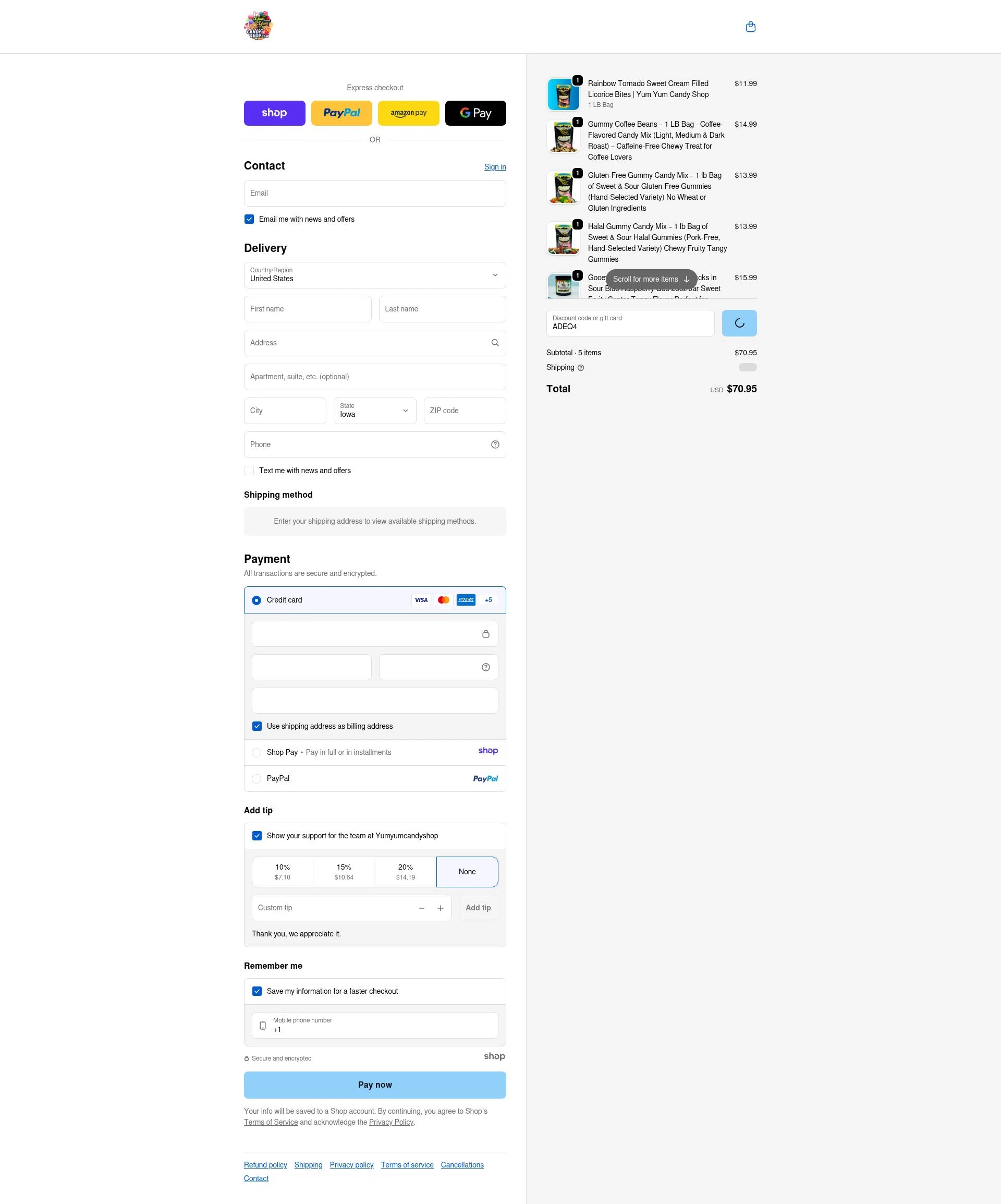 Yum Yum Candy Shop checkout page showing Yum Yum Candy Shop discount code box | Screenshot taken by SimplyCodes community member on Jan 8, 2026