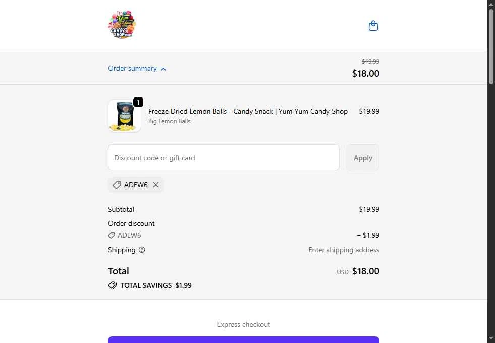 Yum Yum Candy Shop checkout page showing Yum Yum Candy Shop discount code box | Screenshot taken by SimplyCodes community member on Jan 8, 2026