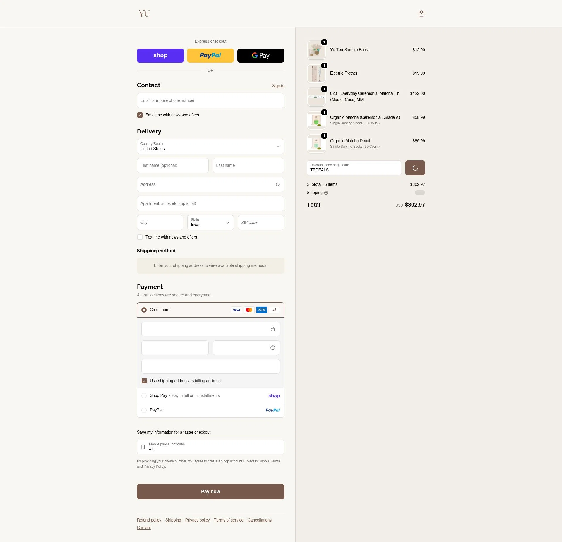 Yu Tea checkout page showing Yu Tea promo code box | Screenshot taken by SimplyCodes community member on Feb 6, 2026