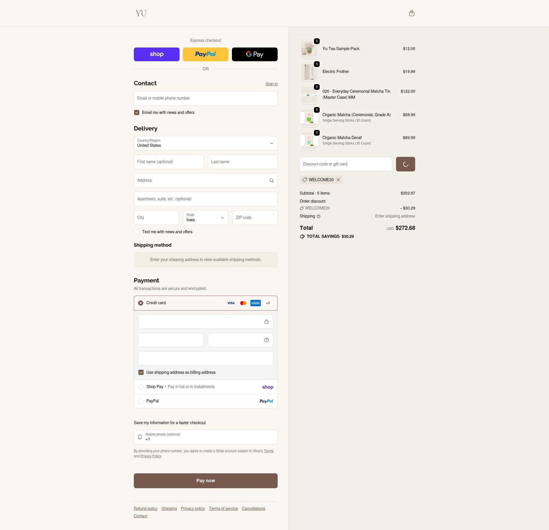 Yu Tea checkout page showing Yu Tea promo code box | Screenshot taken by SimplyCodes community member on Feb 6, 2026