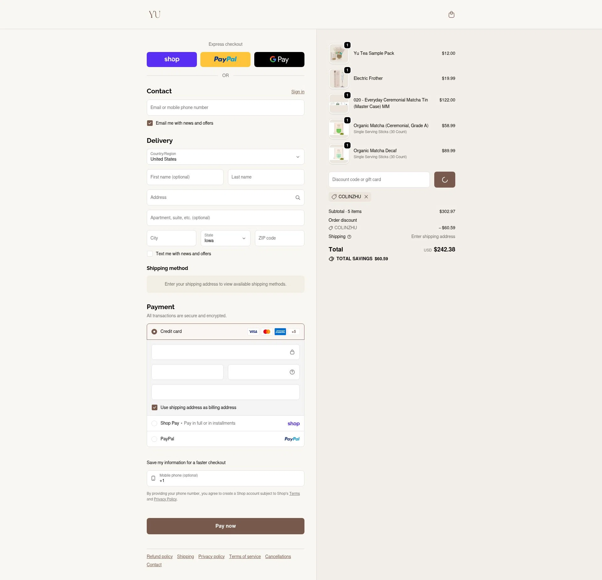 Yu Tea checkout page showing Yu Tea promo code box | Screenshot taken by SimplyCodes community member on Feb 6, 2026