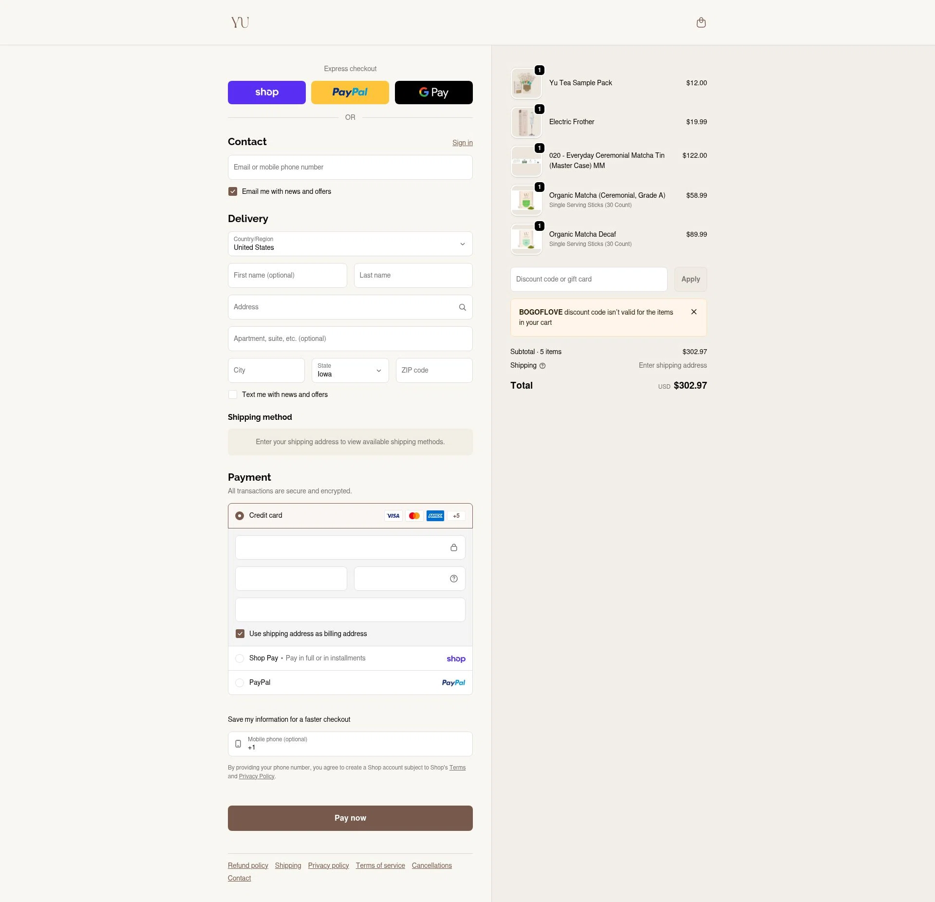 Yu Tea checkout page showing Yu Tea promo code box | Screenshot taken by SimplyCodes community member on Feb 6, 2026