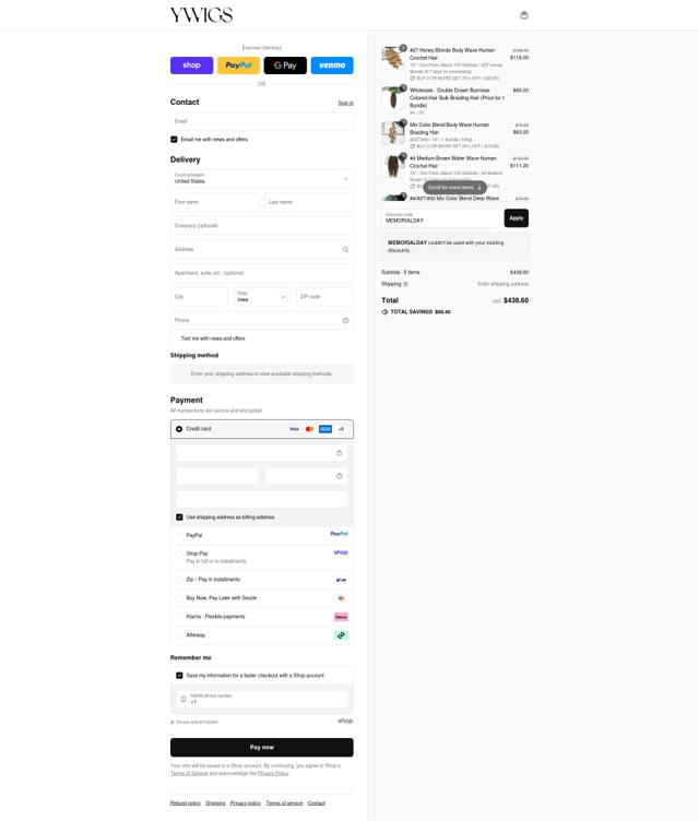 Ywigs checkout page showing Ywigs discount code box | Screenshot taken by SimplyCodes community member on Sep 10, 2025