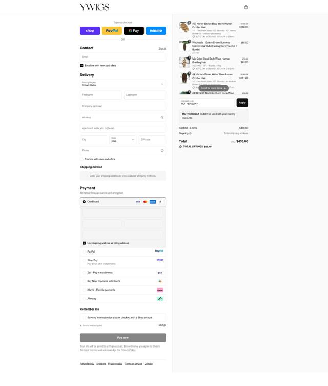 Ywigs checkout page showing Ywigs discount code box | Screenshot taken by SimplyCodes community member on Sep 10, 2025