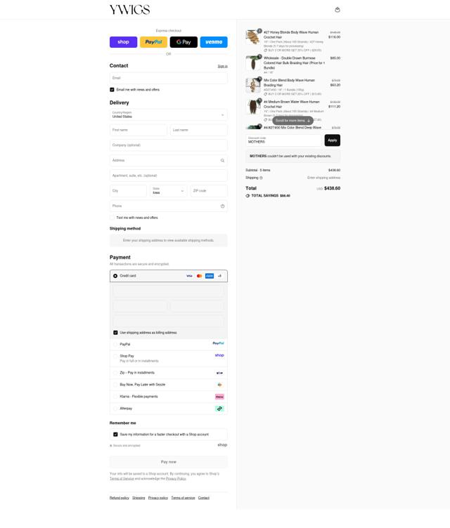 Ywigs checkout page showing Ywigs discount code box | Screenshot taken by SimplyCodes community member on Sep 10, 2025