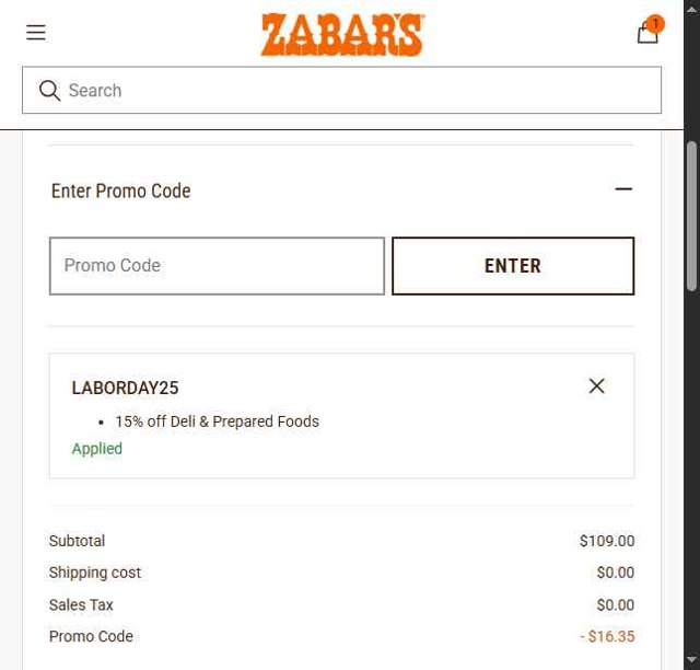 Zabar's checkout page showing Zabar's promo code box | Screenshot taken by SimplyCodes community member on Aug 24, 2025