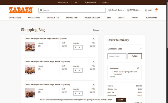 Zabar's checkout page showing Zabar's promo code box | Screenshot taken by SimplyCodes community member on Aug 7, 2025