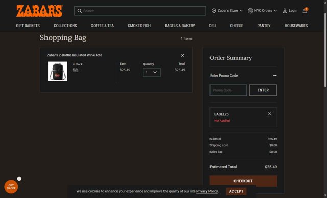Zabar's checkout page showing Zabar's promo code box | Screenshot taken by SimplyCodes community member on Aug 10, 2025