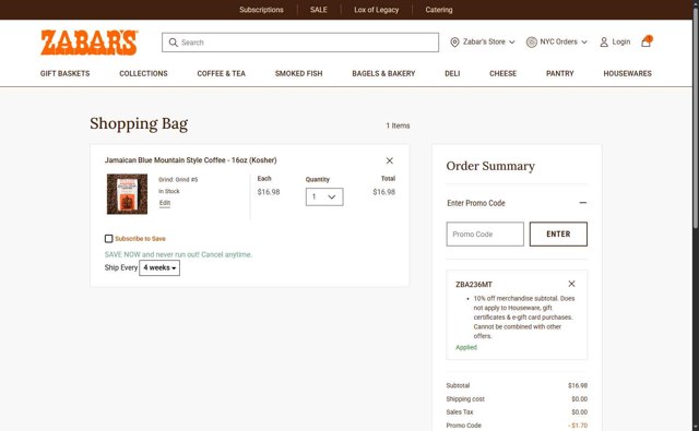 Zabar's checkout page showing Zabar's promo code box | Screenshot taken by SimplyCodes community member on Aug 18, 2025