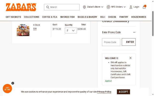 Zabar's checkout page showing Zabar's promo code box | Screenshot taken by SimplyCodes community member on Aug 6, 2025