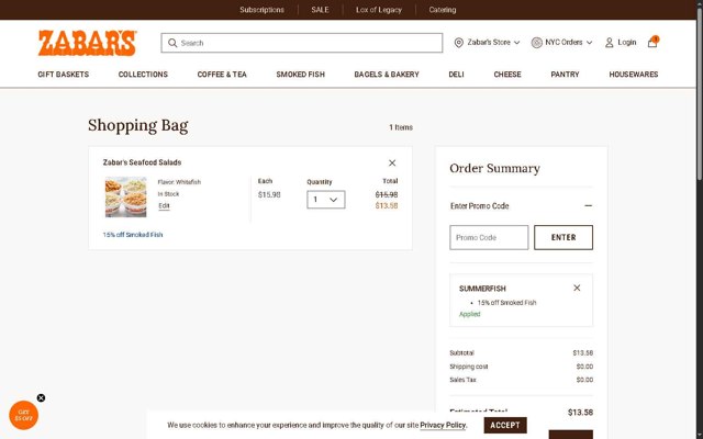 Zabar's checkout page showing Zabar's promo code box | Screenshot taken by SimplyCodes community member on Jul 13, 2025