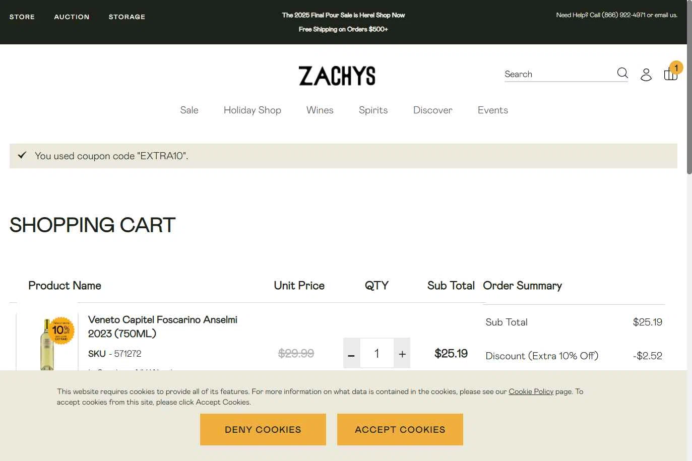 Zachys checkout page showing Zachys promo code box | Screenshot taken by SimplyCodes community member on Dec 30, 2025