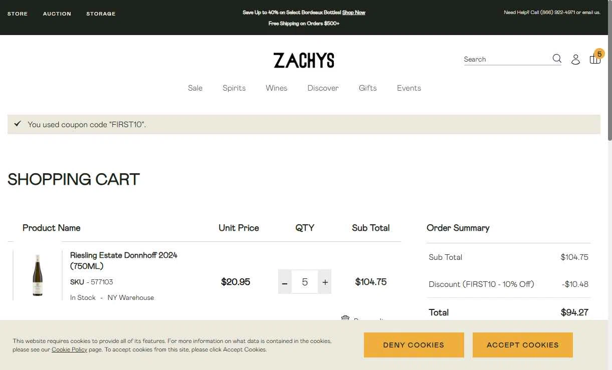 Zachys checkout page showing Zachys promo code box | Screenshot taken by SimplyCodes community member on Jan 23, 2026