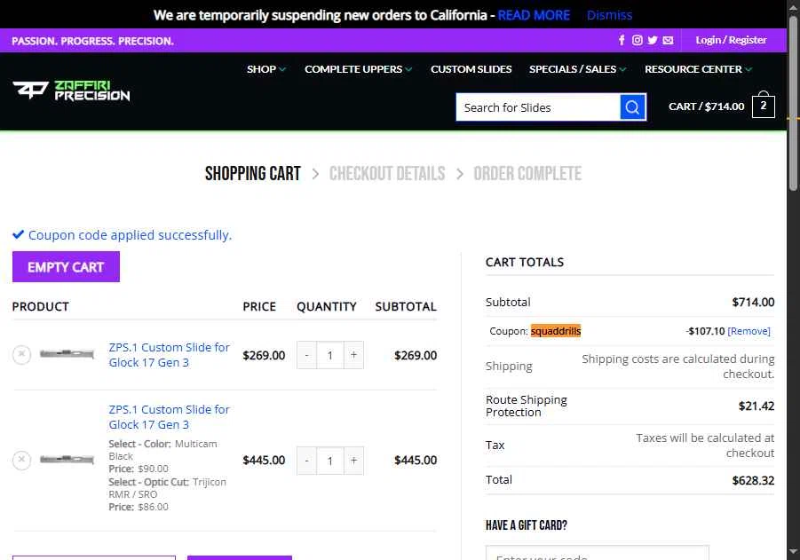 Zaffiri Precision checkout page showing Zaffiri Precision coupon code box | Screenshot taken by SimplyCodes community member on Jan 8, 2026