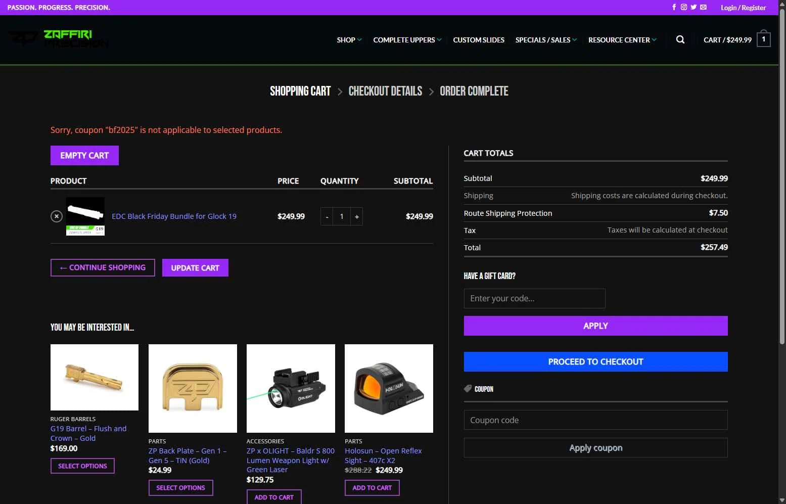 Zaffiri Precision checkout page showing Zaffiri Precision coupon code box | Screenshot taken by SimplyCodes community member on Dec 29, 2025