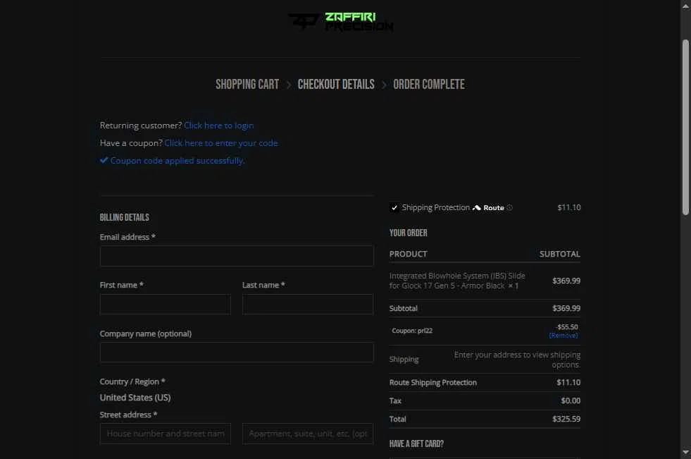 Zaffiri Precision checkout page showing Zaffiri Precision coupon code box | Screenshot taken by SimplyCodes community member on Jan 6, 2026