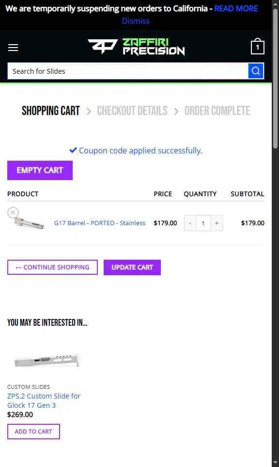 Zaffiri Precision checkout page showing Zaffiri Precision coupon code box | Screenshot taken by SimplyCodes community member on Jan 7, 2026