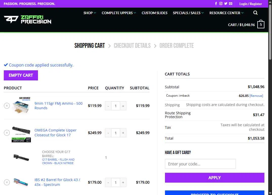 Zaffiri Precision checkout page showing Zaffiri Precision coupon code box | Screenshot taken by SimplyCodes community member on Dec 9, 2025