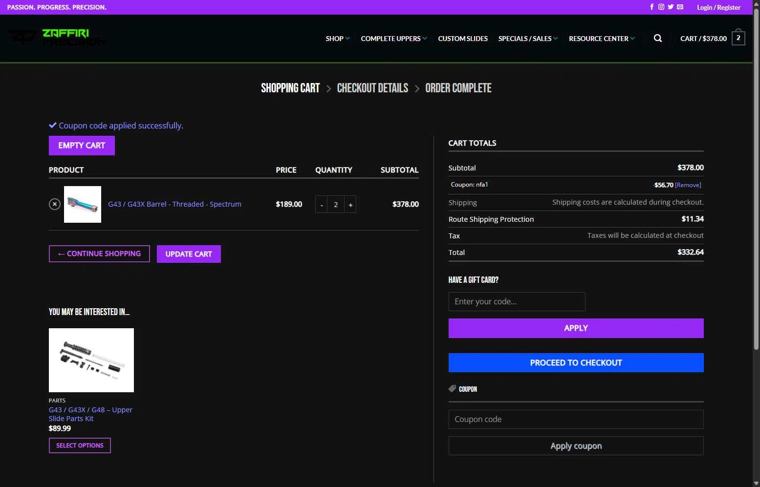 Zaffiri Precision checkout page showing Zaffiri Precision coupon code box | Screenshot taken by SimplyCodes community member on Jan 7, 2026