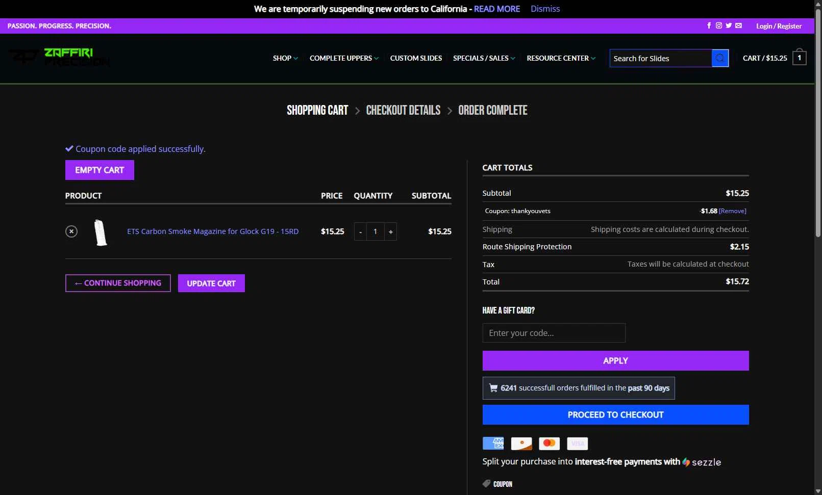 Zaffiri Precision checkout page showing Zaffiri Precision coupon code box | Screenshot taken by SimplyCodes community member on Jan 8, 2026