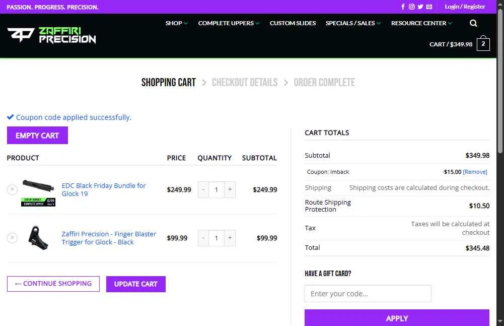 Zaffiri Precision checkout page showing Zaffiri Precision coupon code box | Screenshot taken by SimplyCodes community member on Jan 7, 2026