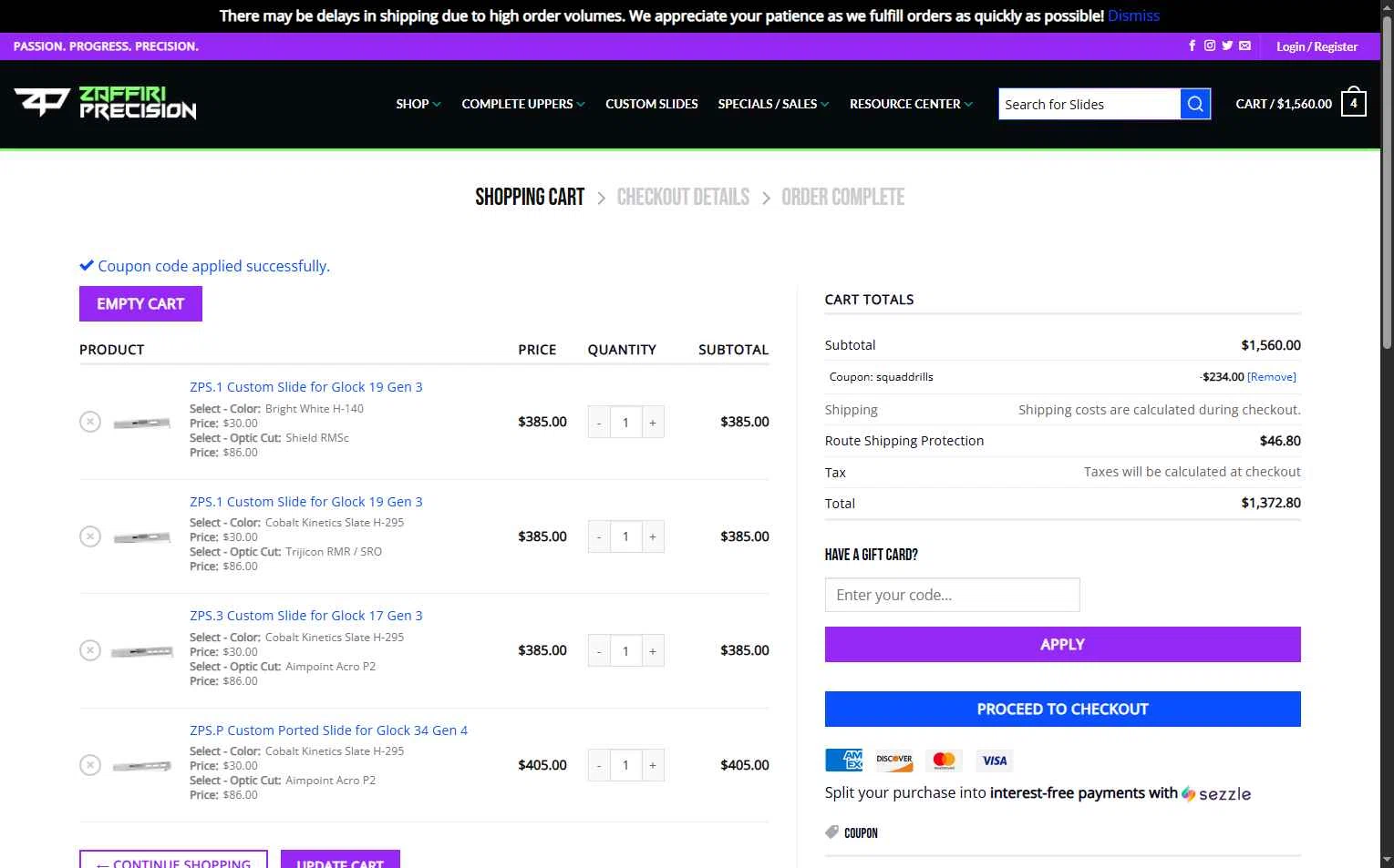 Zaffiri Precision checkout page showing Zaffiri Precision coupon code box | Screenshot taken by SimplyCodes community member on Dec 10, 2025