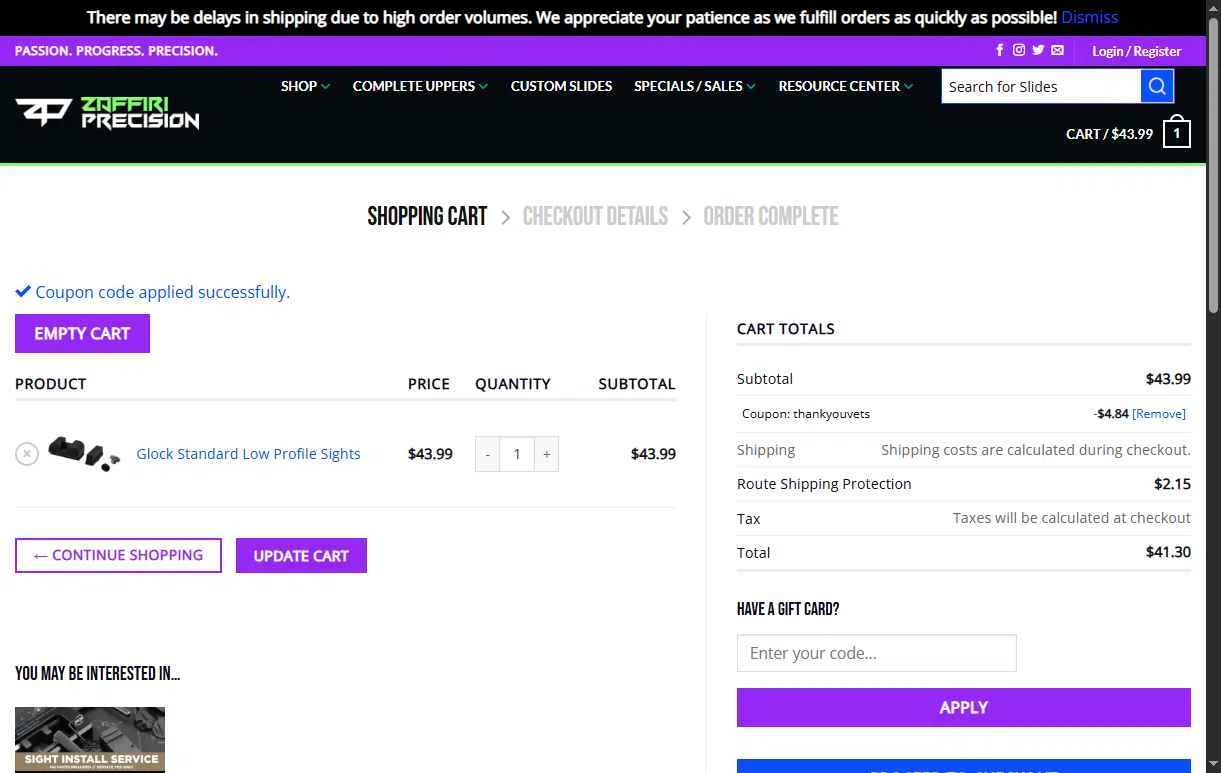 Zaffiri Precision checkout page showing Zaffiri Precision coupon code box | Screenshot taken by SimplyCodes community member on Dec 10, 2025