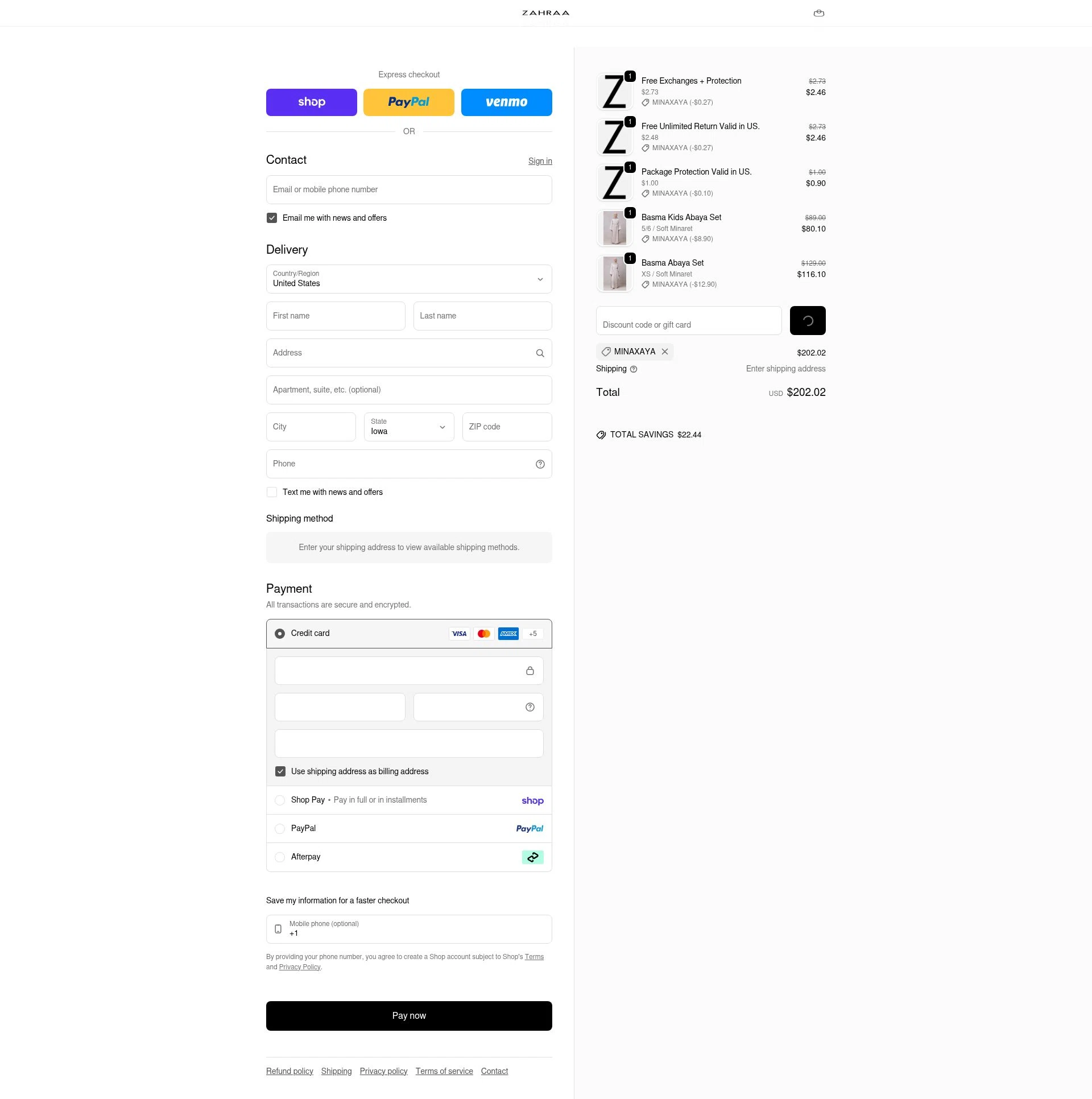 Zahraa The Label checkout page showing Zahraa The Label discount code box | Screenshot taken by SimplyCodes community member on Feb 23, 2026
