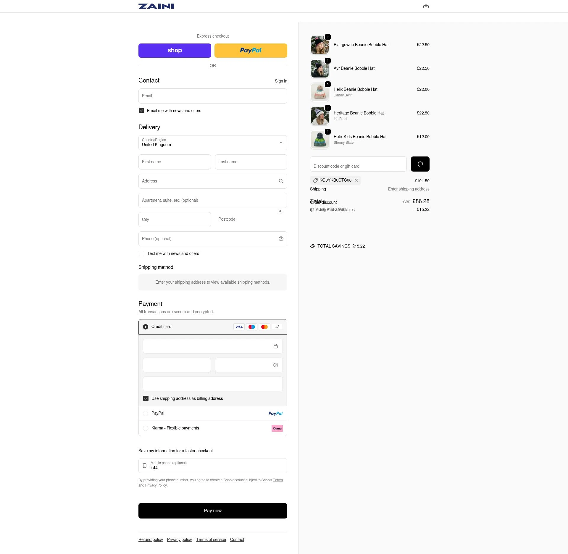 Zaini checkout page showing Zaini promo code box | Screenshot taken by SimplyCodes community member on Feb 5, 2026