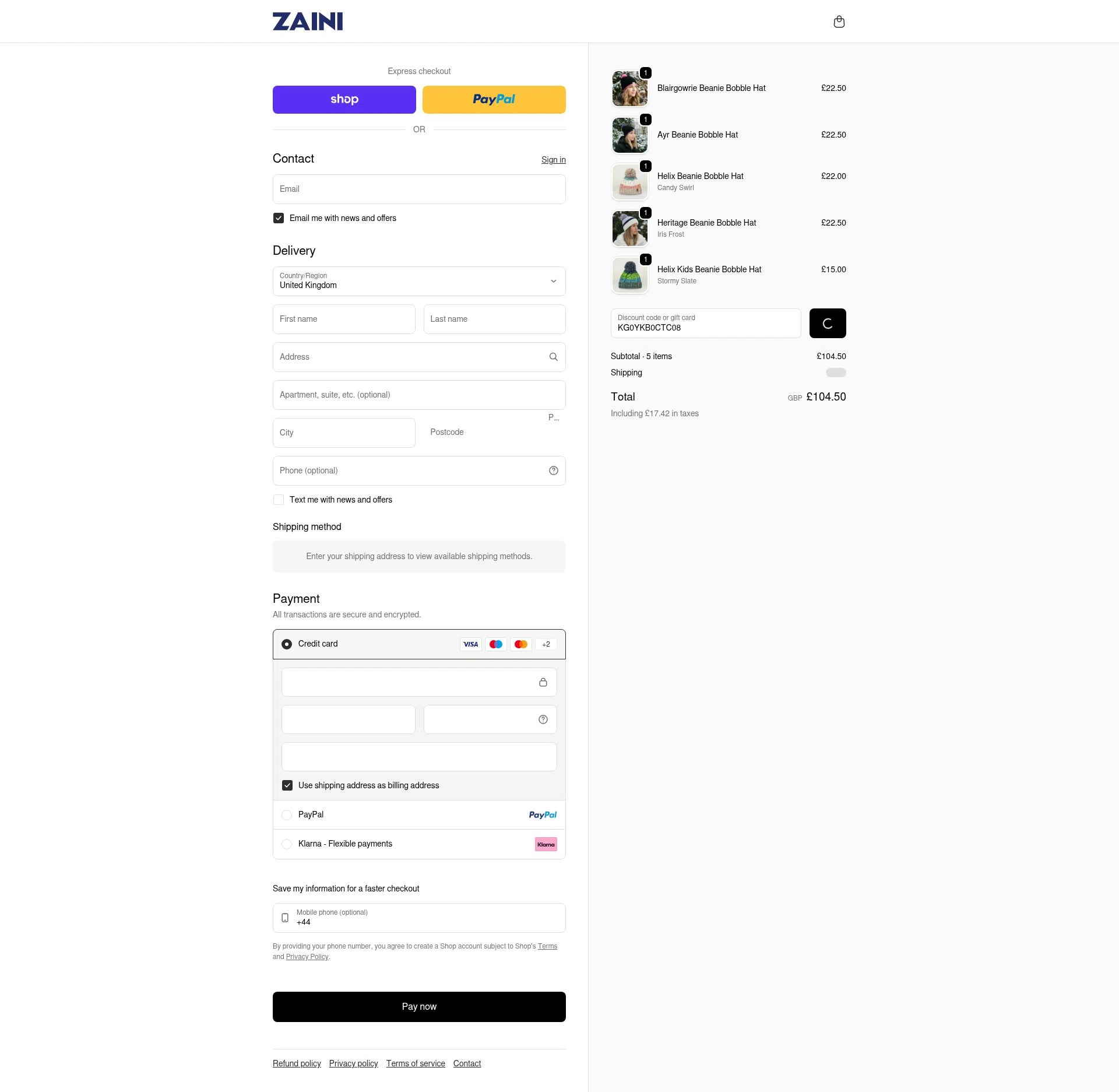 Zaini checkout page showing Zaini promo code box | Screenshot taken by SimplyCodes community member on Feb 10, 2026