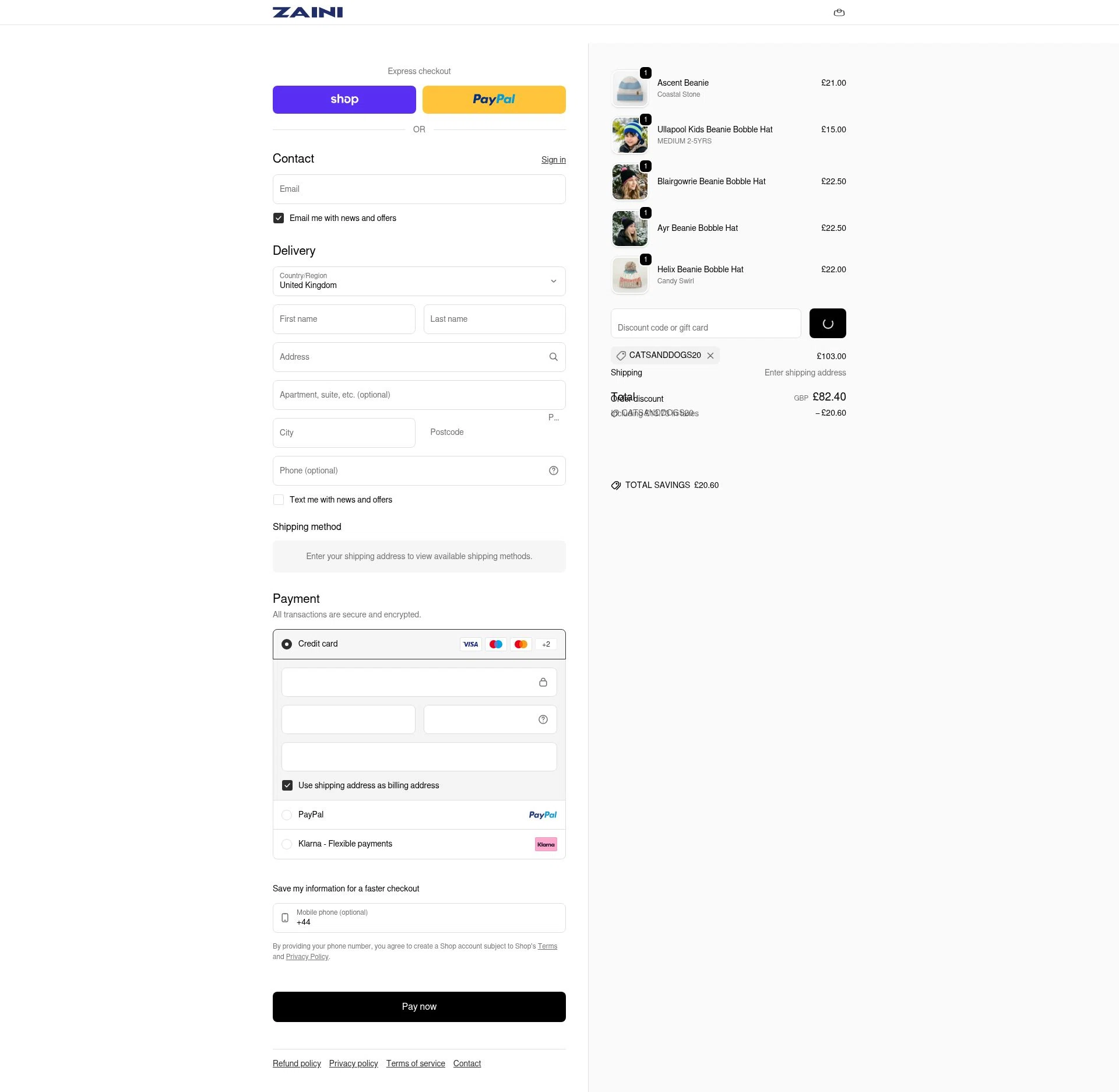 Zaini checkout page showing Zaini promo code box | Screenshot taken by SimplyCodes community member on Feb 23, 2026