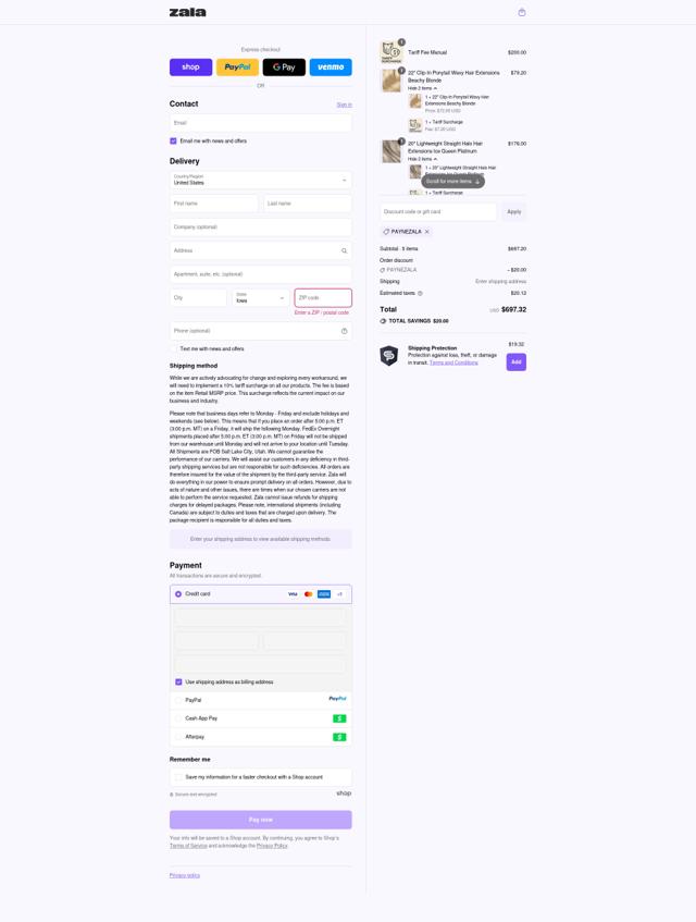 Zala Hair checkout page showing Zala Hair discount code box | Screenshot taken by SimplyCodes community member on Sep 12, 2025